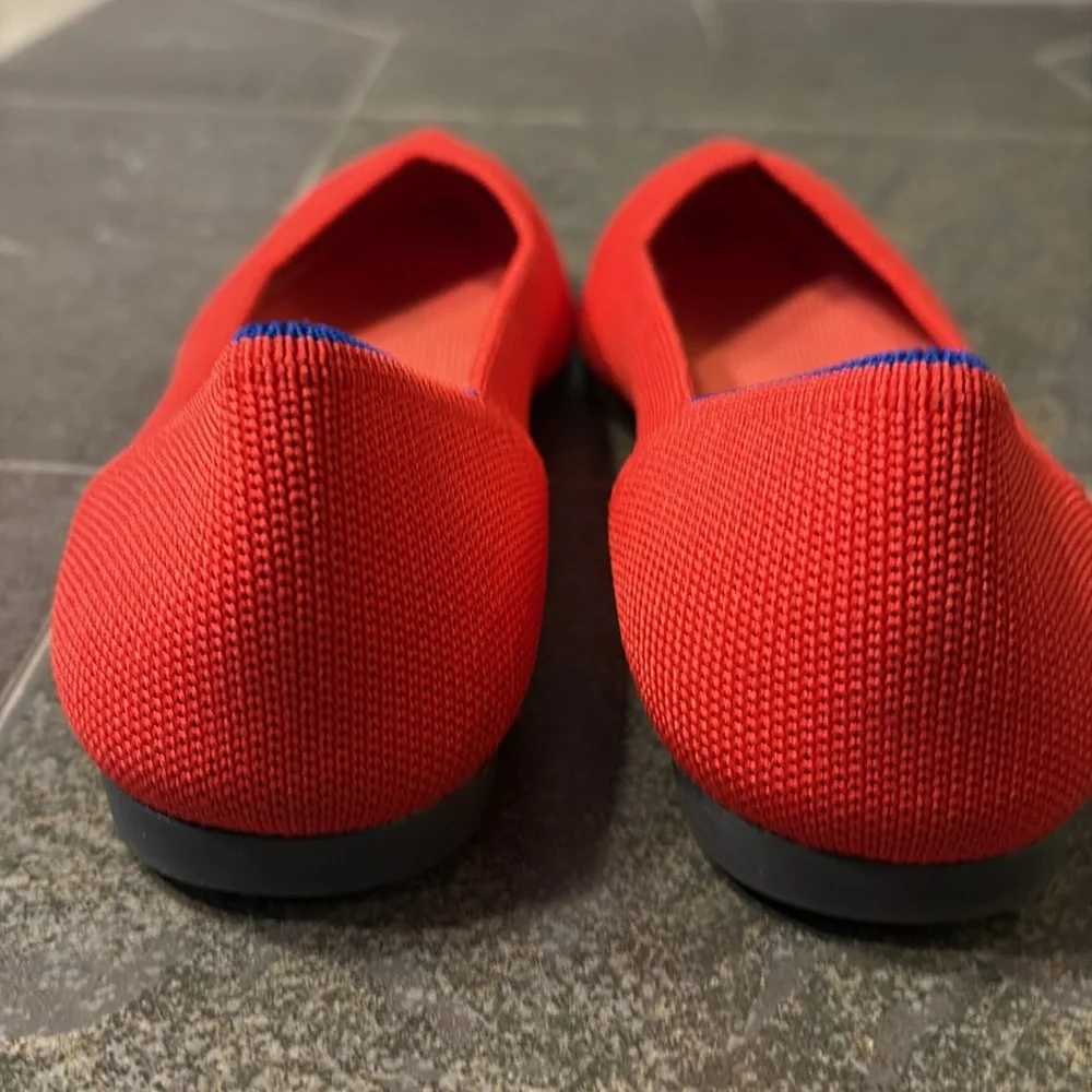 Rothy's Coral-Red Pointed Knit Flats with Blue Trim - Picture 9 of 10